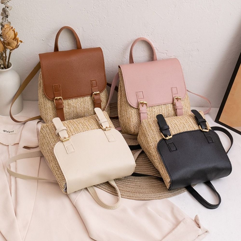 Fashion PU Leather Straw Backp - Leather Backpack Vintage avaliação e preço